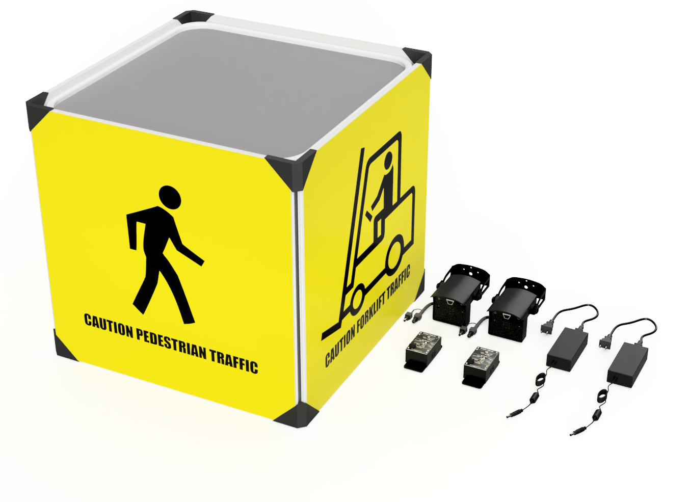 Geel kubusvormig LED-waarschuwingsbord met "Caution Pedestrian Traffic" en "Caution Forklift Traffic" pictogrammen, gefotografeerd met bijhorende bewegingssensoren en voedingsadapters / Panneau d'avertissement LED cubique jaune avec pictogrammes "Caution Pedestrian Traffic" et "Caution Forklift Traffic", photographié avec les capteurs de mouvement et adaptateurs d'alimentation inclus