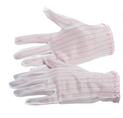 Witte ESD-handschoenen om elektrostatische oplading te voorkomen bij het hanteren van gevoelige elektronische componenten. Gants ESD blancs destinés à prévenir les charges électrostatiques lors de la manipulation de composants électroniques sensibles.