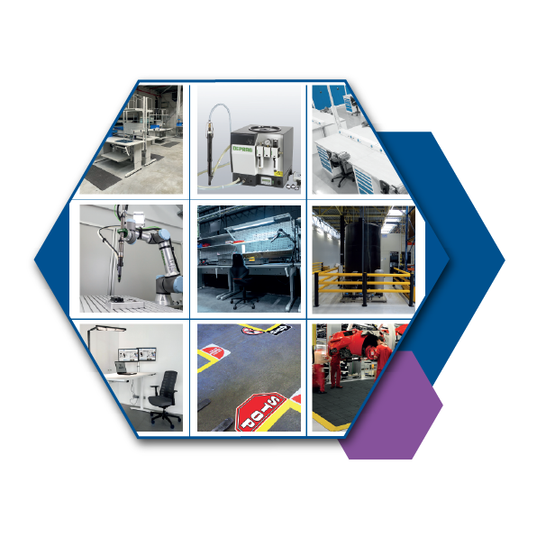 AWP - Zeshoekige collage met negen foto's van industriële werkplekken: magazijnstelling met gele afscherming, meetapparatuur, een boot met blauwe stoelen, een robotarm voor metingen, medewerkers in rode overalls, een rij werkbanken, vloermarkeringen met waarschuwingsborden en een opslagruimte met rekken. - AWP- Collage hexagonal composé de neuf photos de milieux de travail industriels : rayonnage d'entrepôt avec garde-corps jaune, appareil de mesure, un bateau avec des sièges bleus, un bras robotisé de mesure, des employés en combinaison rouge, une rangée d'établis, un marquage au sol avec panneaux d'avertissement et un espace de stockage avec étagères.