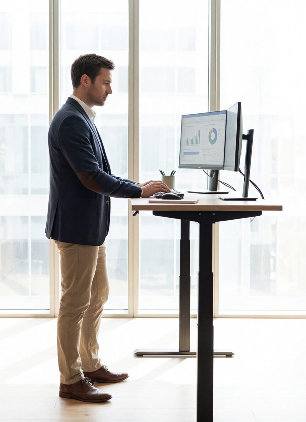 Man in blazer werkt staand achter een in hoogte verstelbaar bureau met dubbele monitor in een lichte kantooromgeving.