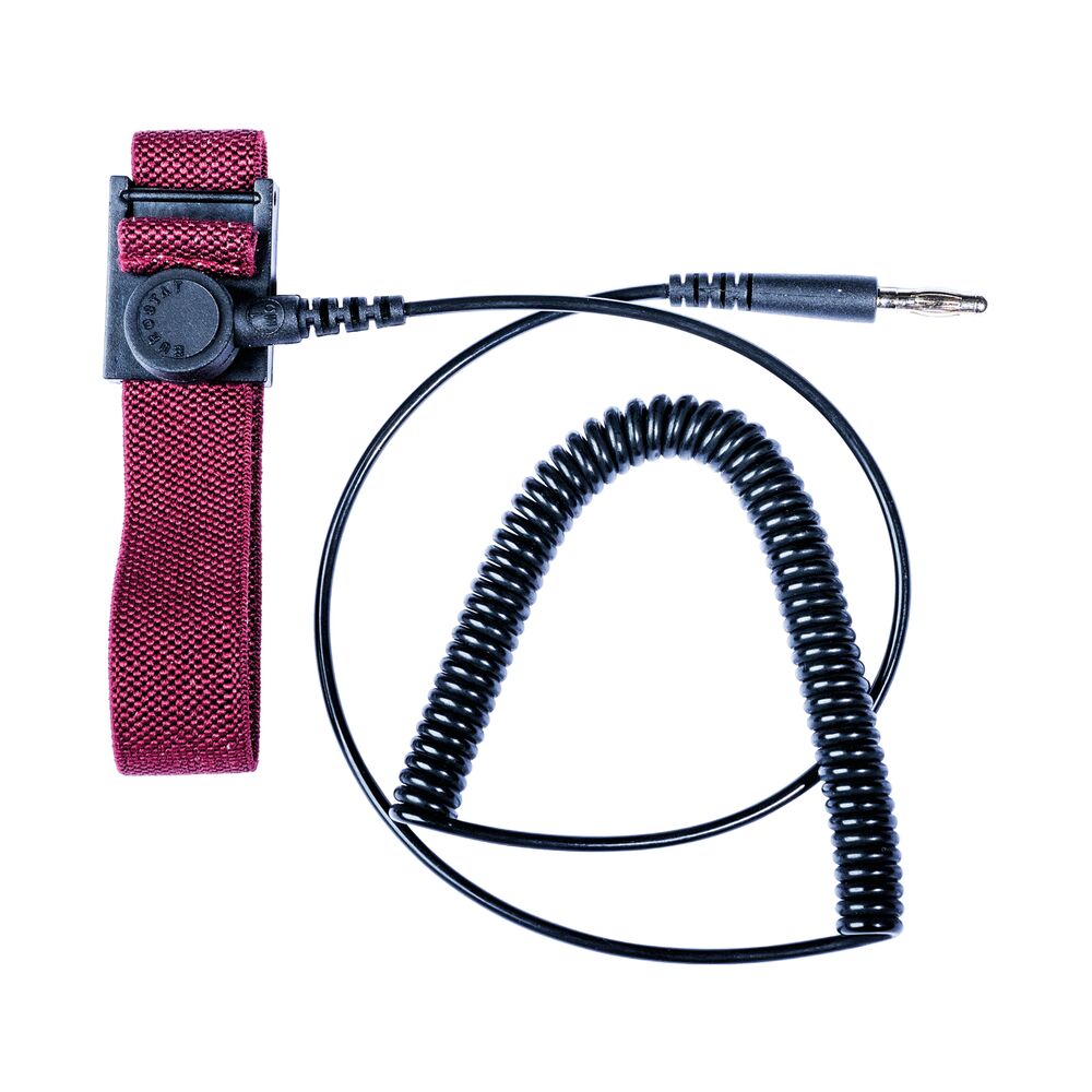 Bordeauxrode ESD-polsband met drukknopsluiting, ontworpen om elektrostatische oplading via de pols af te voeren in ESD-gevoelige werkomgevingen. Bracelet ESD rouge bordeaux avec fermeture à bouton-pression, conçu pour dissiper les charges électrostatiques par le poignet dans les environnements de travail sensibles aux décharges électrostatiques