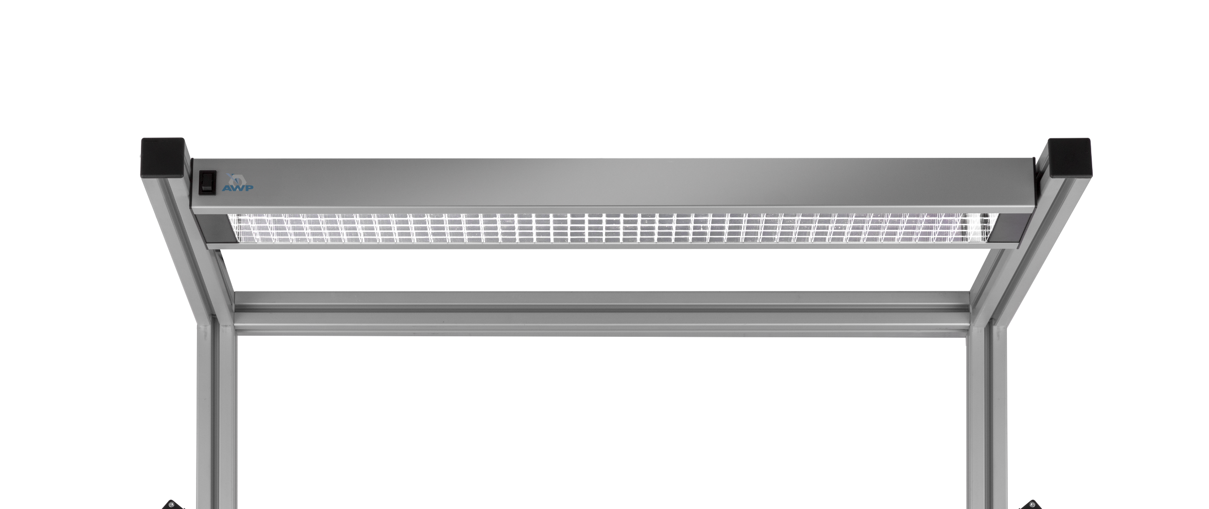 AWP LED werkplekverlichting gemonteerd op grijs aluminium werktafelframe