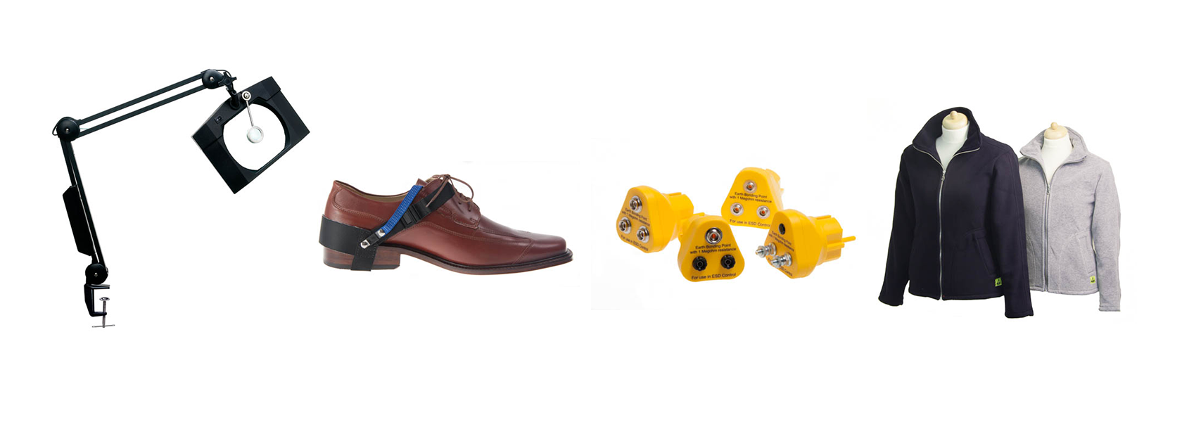 Collectie ESD-accessoires en -kledij: een verstelbare ESD-lamp met klem, een geleidende ESD-zoolstrook voor schoenen, gele ESD-aardingsadapters voor stopcontacten, en ESD-werkjasjes, alle ontworpen om elektrostatische oplading op de werkplek te voorkomen. Gamme d'accessoires et de vêtements ESD : une lampe ESD réglable avec pince, une semelle conductrice ESD pour chaussures, des adaptateurs de mise à la terre ESD jaunes pour prises électriques et des blouses de travail ESD, tous conçus pour prévenir l'accumulation d'électricité statique sur le lieu de travail.