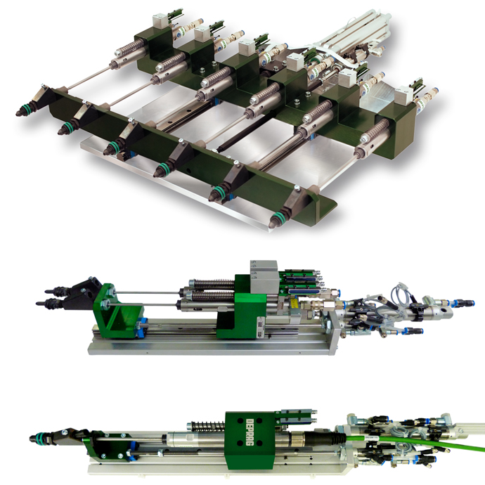 Drie Deprag schroefmodules in groen en zilver: een multi-spindel matrixopstelling bovenaan en twee enkelvoudige lineaire eenheden eronder, op witte achtergrond.
