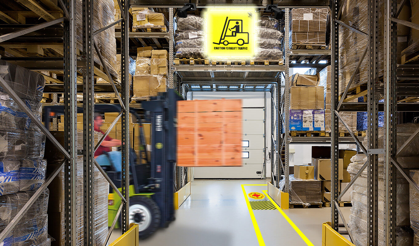 Vorkheftruck die een pallet transporteert in een magazijngang, met boven de gang een geel verlicht LED-bord "Caution Forklift Traffic" en op de vloer gele markeringen en een detectiesensor / Chariot élévateur transportant une palette dans une allée d'entrepôt, avec au-dessus de l'allée un panneau LED jaune lumineux "Caution Forklift Traffic" et au sol des marquages jaunes et un capteur de détection