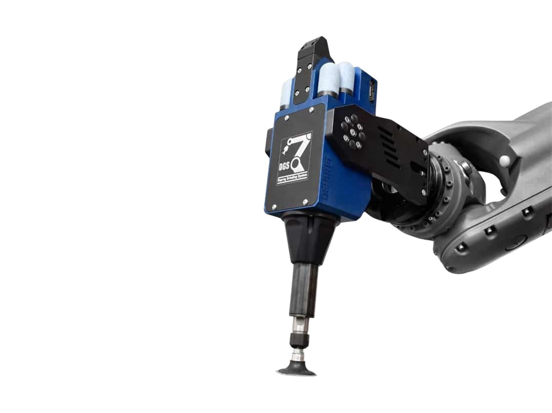 Deprag DGS robotslijpkop gemonteerd op robotarm met wisselbare slijp- en polijstgereedschappen — AWP