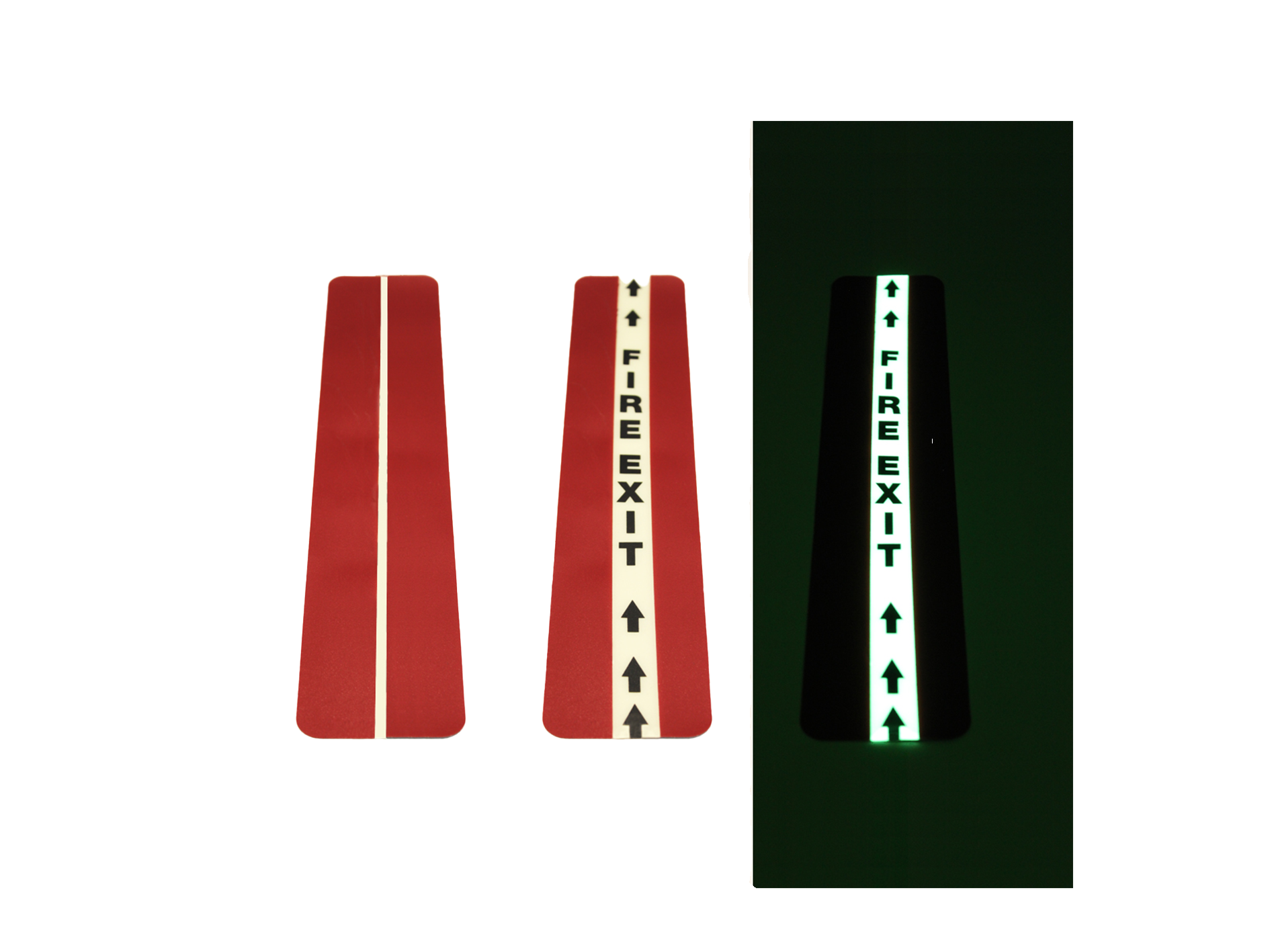 Rode en witte glow-in-the-dark vloermarkeringsstickers met "Fire Exit" pijlaanduiding, getoond op zowel lichte als donkere achtergrond