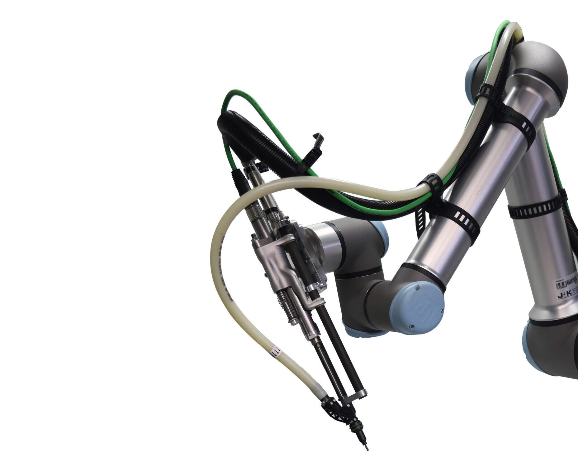 Deprag Lightweight SFM schroefmodule met groene datakabel en witte persluchtslang gemonteerd op de eindgeleding van een zilveren cobot arm, op witte achtergrond.