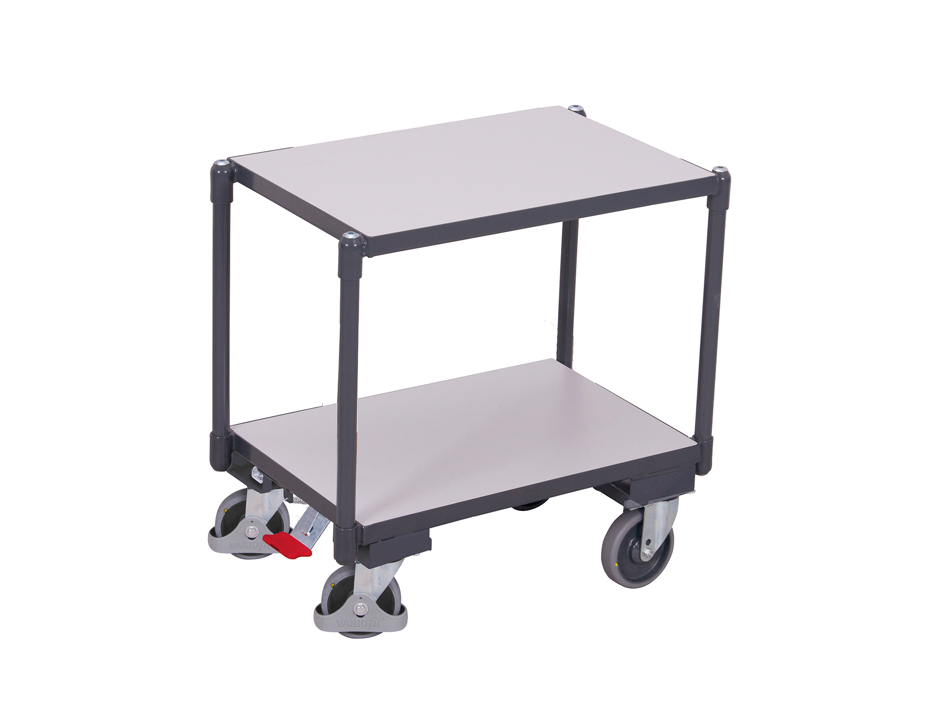 Grijze industriële trolley met twee stalen legborden en vergrendelde zwenkwielen - mobiele werkplaatskar op maat door AWP.