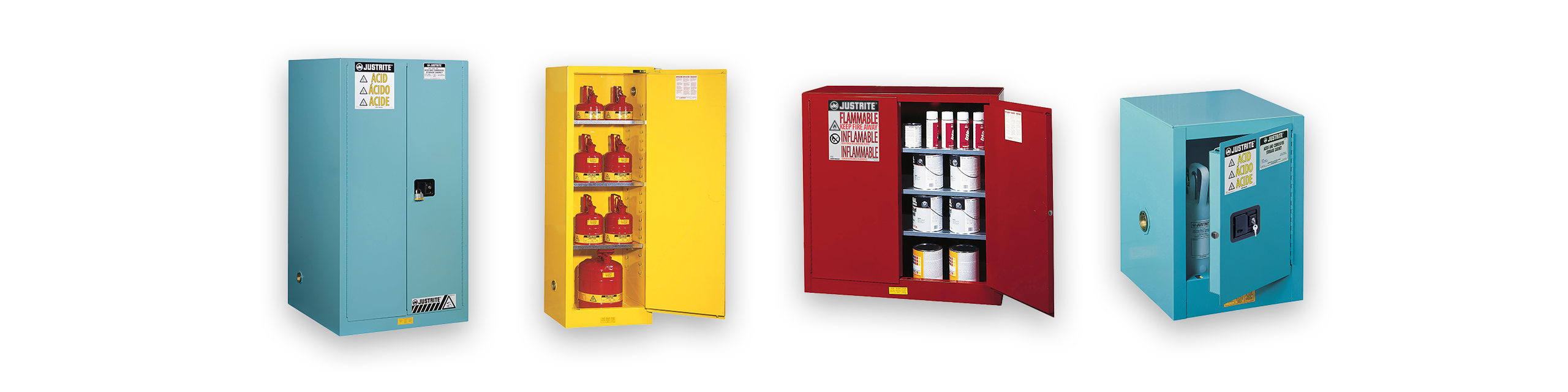 Overzicht van vier veiligheidskasten in blauw, geel en rood in verschillende formaten voor de opslag van gevaarlijke stoffen en chemicaliën