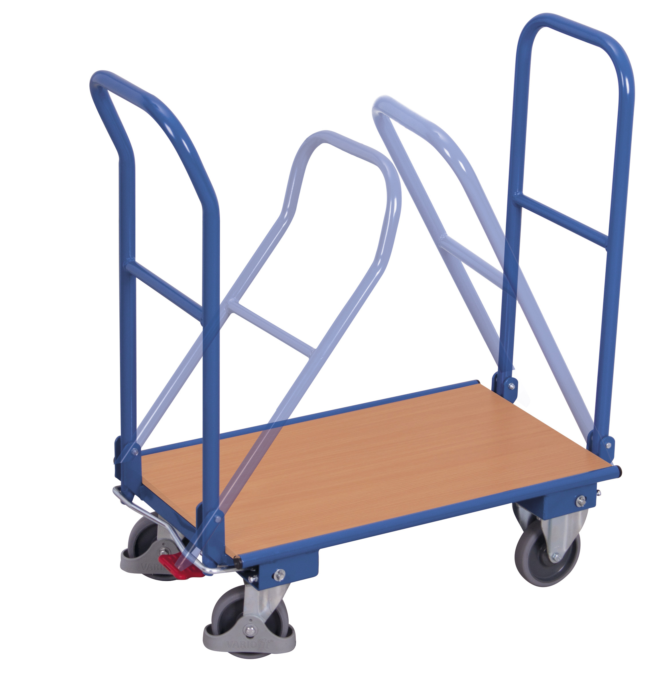 Blauwe industriële platformkar met houten laadvlak en twee duwbeugels voor veilig transport van platen en grote materialen