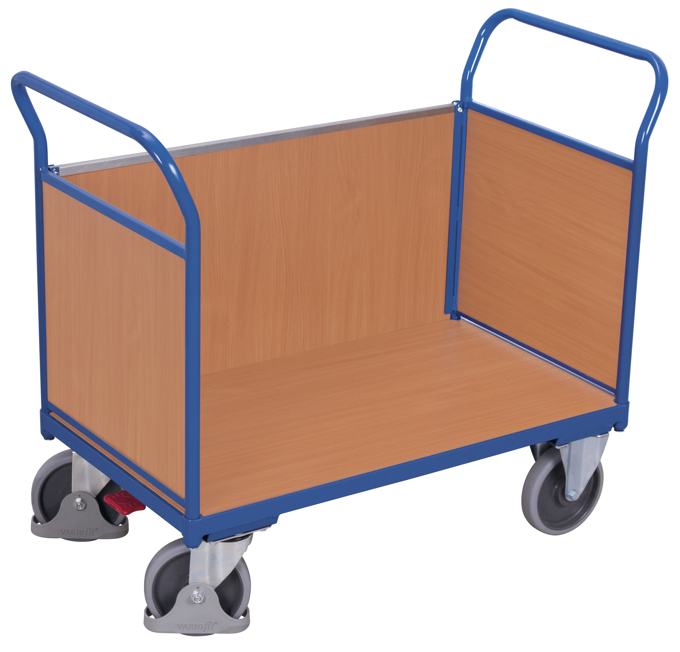 Blauwe industriële transportkar met houten wanden aan drie zijden voor veilig transport van materialen en onderdelen
