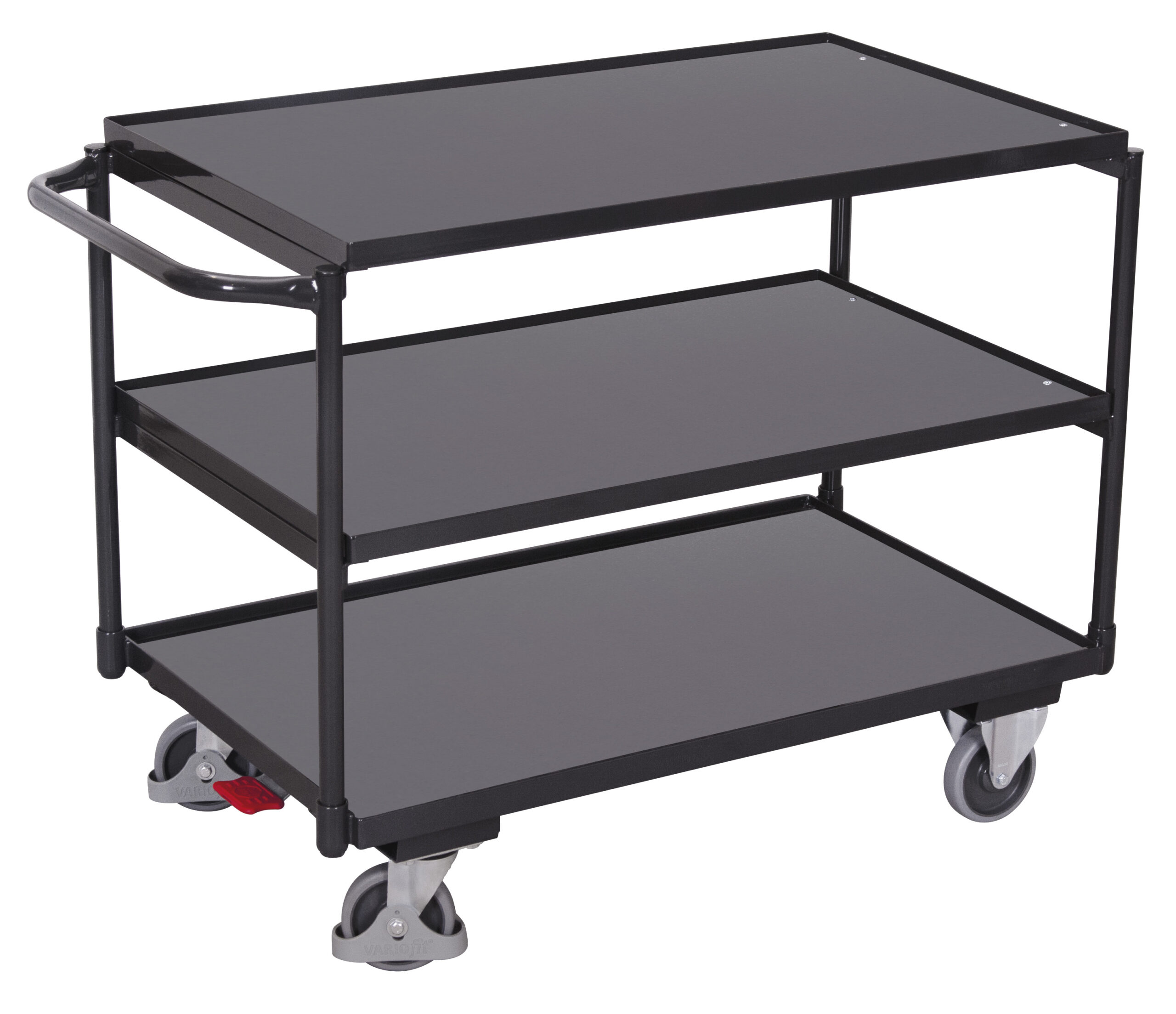 Zwarte industriële trolley met drie stalen legborden, handgreep en zwenkwielen