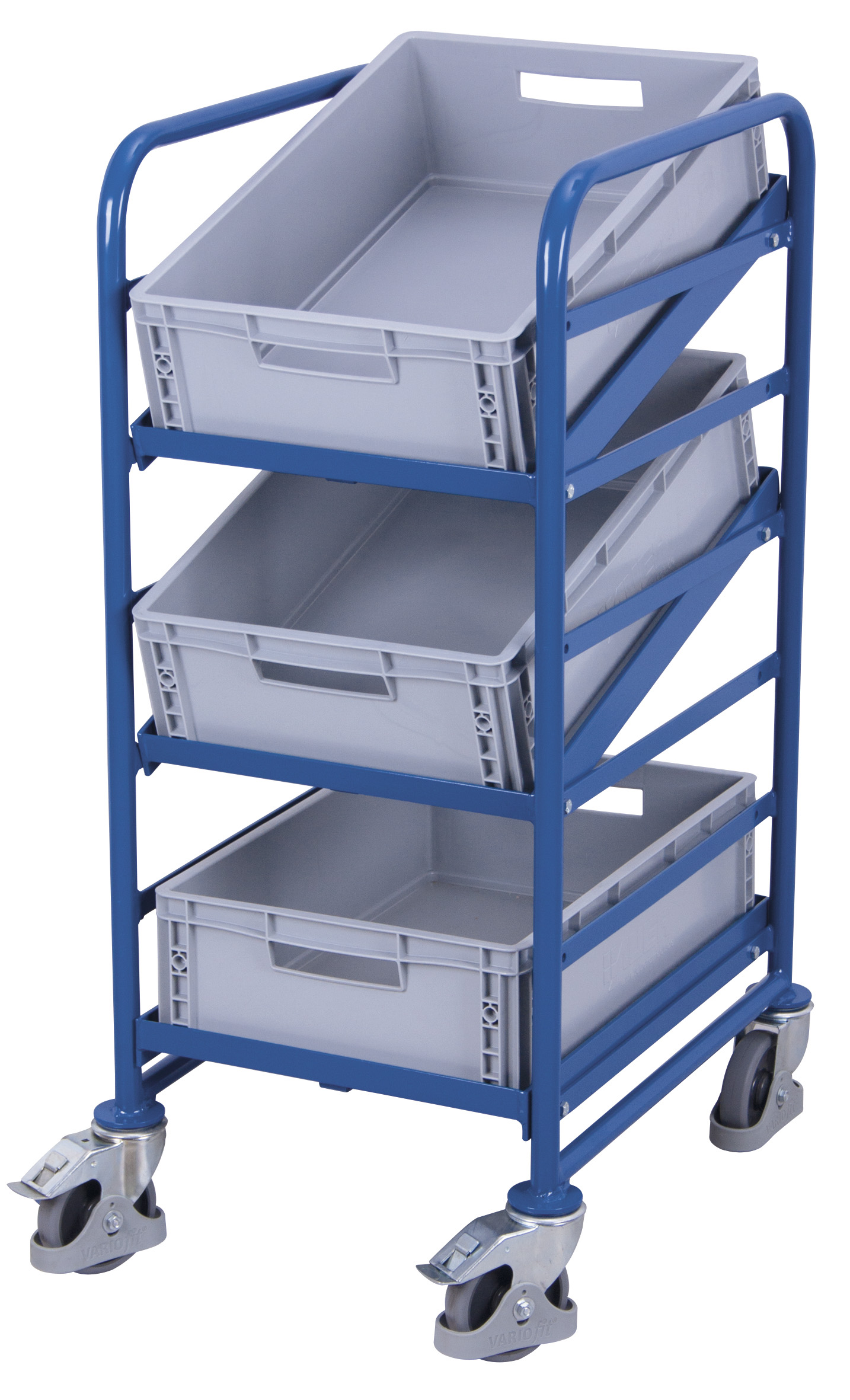 Blauwe industriële trolley voor eurobakken met 3 eurobakken