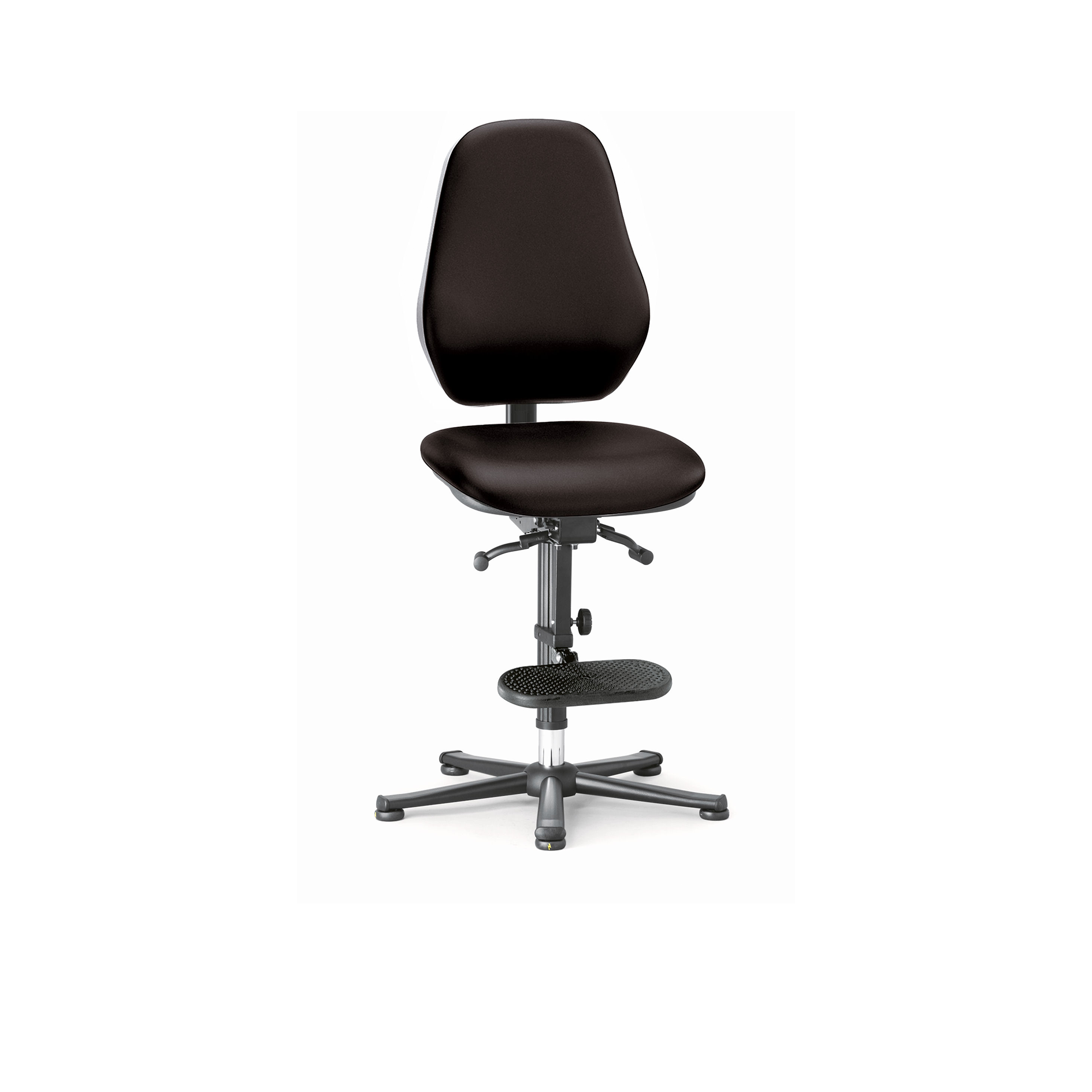 Bimos ESD Basic ergonomische werkstoel met kunstleren bekleding, anatomisch gevormde rugleuning, verstelbare zitting, voetenring en aluminium onderstel met glijders, conform EN 61340-5-1 voor gebruik op ESD-werkplekken. Bimos ESD Chaise de travail ergonomique de base avec revêtement en cuir artificiel, dossier anatomique, assise réglable, repose-pieds et piètement en aluminium avec coulisses, conforme à la norme EN 61340-5-1 pour une utilisation sur les postes de travail ESD.