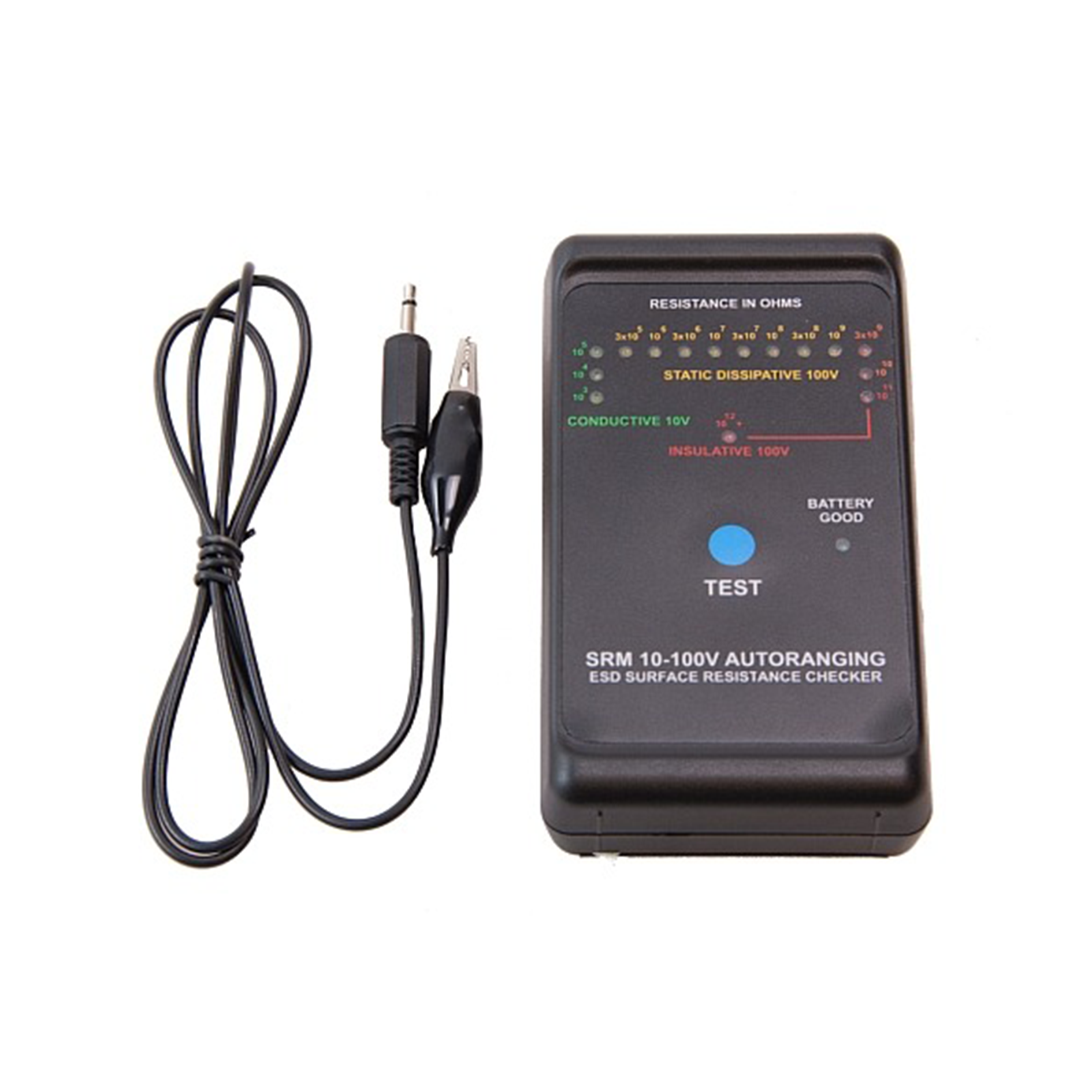 Draagbare zwarte ESD-oppervlakteweerstandmeter met LED-indicatoren in meerdere kleuren op het frontpaneel, een testknop, batterijcompartiment en een zwarte meetkabel met connector, voor het snel meten van de weerstand van ESD-beschermende oppervlakken. Testeur de résistance de surface ESD portable noir, doté d'indicateurs LED multicolores sur la face avant, d'un bouton de test, d'un compartiment à piles et d'un câble de mesure noir avec connecteur, permettant de mesurer rapidement la résistance des surfaces de protection ESD.