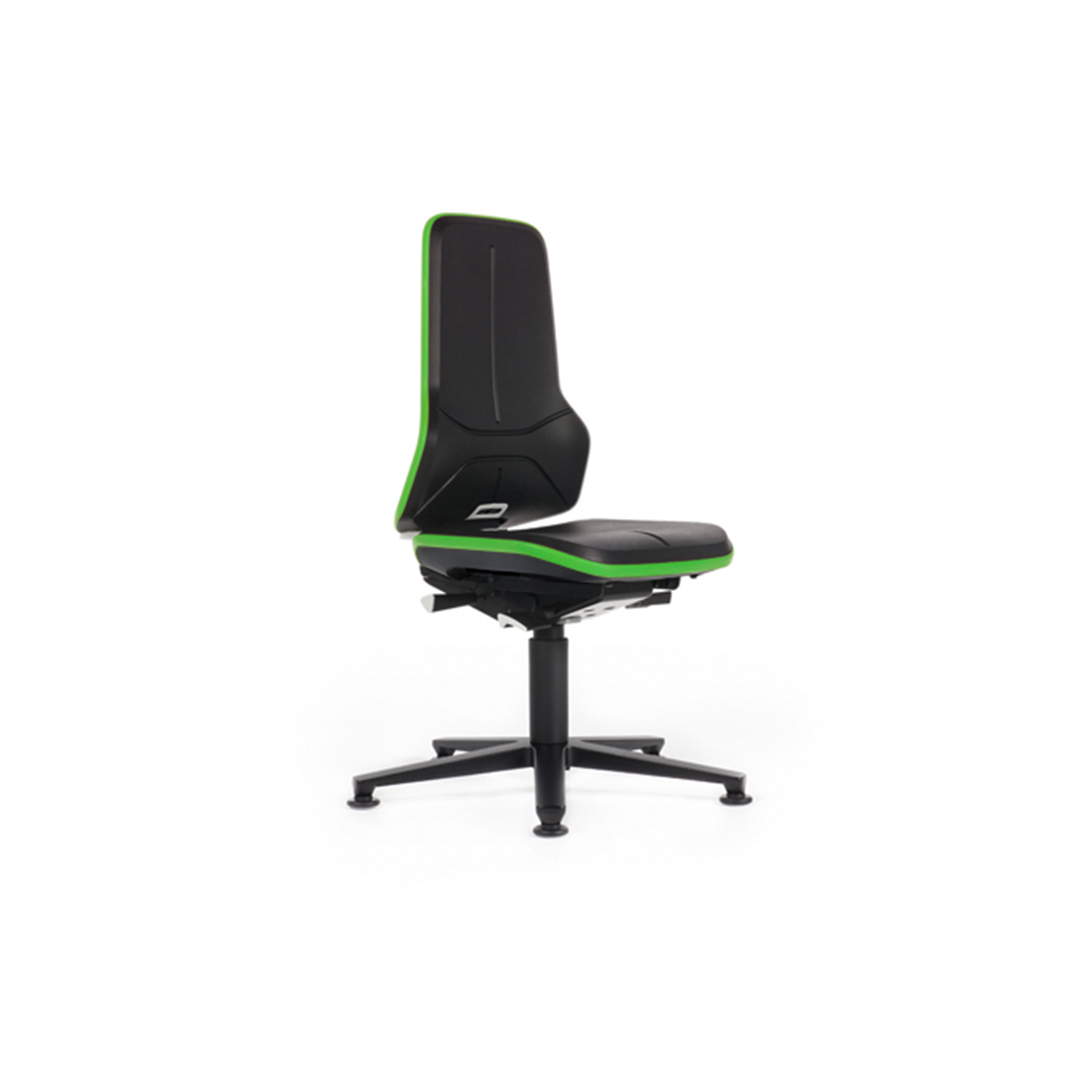 Ergonomische ESD-bureaustoel Bimos neon met zwart kunstleer bekleding, groene flexibele zijstrip, verstelbare zitting en zwart stervormig onderstel, geschikt voor gebruik in elektrostatisch gevoelige werkomgevingen. Chaise de bureau ergonomique ESD Bimos neon avec revêtement en similicuir noir, bande latérale flexible verte, assise réglable et piètement noir en forme d'étoile, adaptée à une utilisation dans des environnements de travail sensibles à l'électricité statiqu