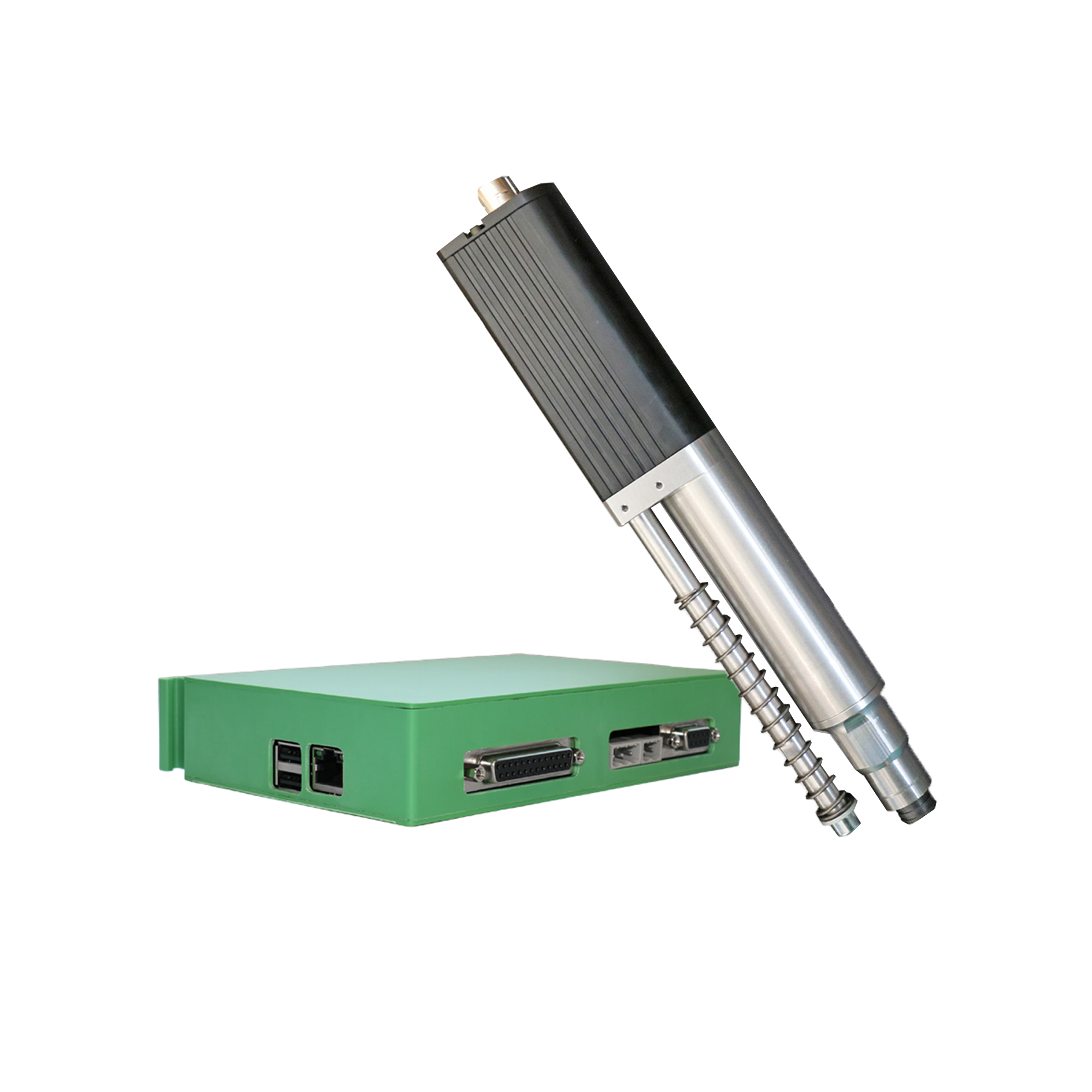 Deprag MINIMAT-ED elektronische inbouwschroevendraaier in zwart en zilver, schuinstaand naast een groene compacte besturingsunit met USB- en datapoorten.