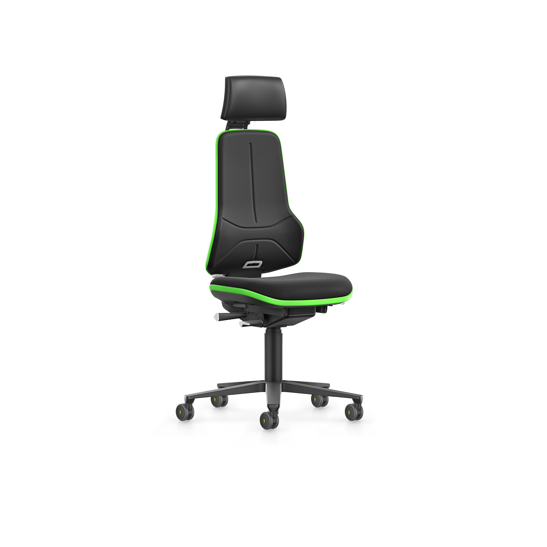 Bimos Neon XXL ergonomische ESD-bureaustoel met zwarte stoffen bekleding, groene flexibele zijstrip, verstelbare hoofdsteun en zwart stervormig onderstel met wielen. Chaise de bureau ergonomique ESD Bimos Neon XXL avec revêtement en tissu noir, bande latérale flexible verte, appui-tête réglable et piètement noir en étoile avec roulettess