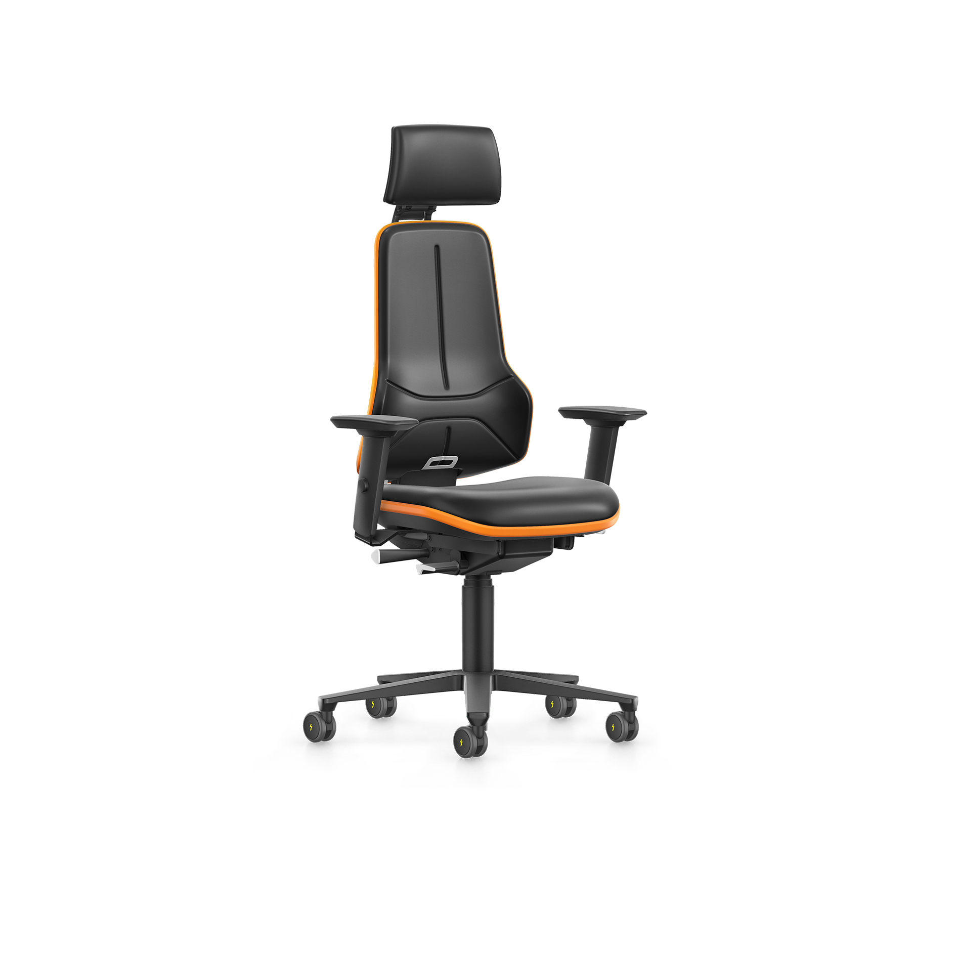 Bimos Neon XXL ergonomische ESD-bureaustoel met zwarte stoffen bekleding, oranje flexibele zijstrip, verstelbare armsteunen, hoofdsteun en zwart stervormig onderstel met wielen. Chaise de bureau ergonomique ESD Bimos Neon XXL avec revêtement en tissu noir, bande latérale flexible orange, accoudoirs réglables, appui-tête et piètement noir en forme d'étoile avec roulettes