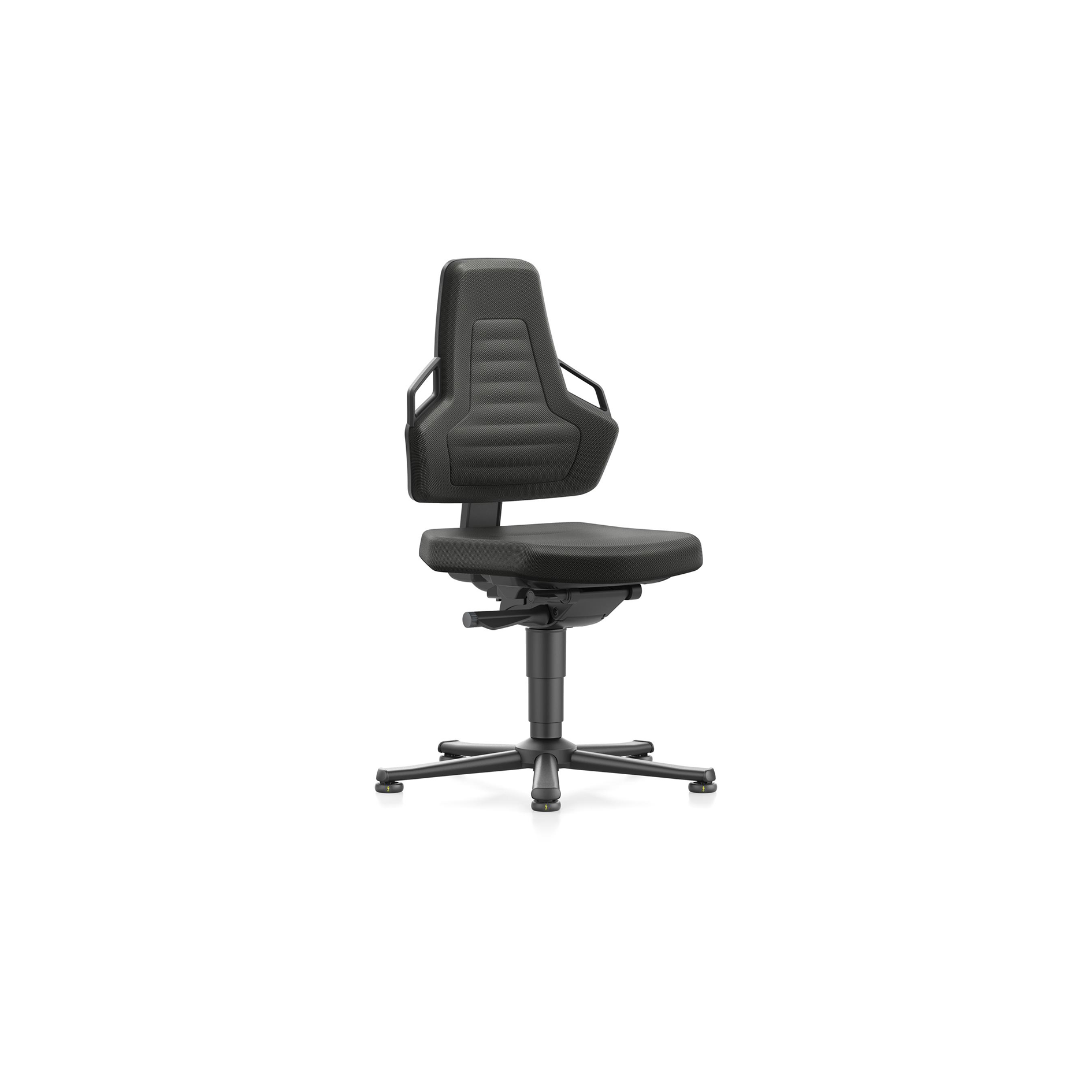 Ergonomische ESD-bureaustoel Bimos nexxit met zwart kunstleer bekleding, verstelbare zitting en zwart onderstel, geschikt voor gebruik in elektrostatisch gevoelige werkomgevingen. Chaise de bureau ergonomique ESD Bimos nexxit avec revêtement en similicuir noir, assise réglable et piètement noir, adaptée à une utilisation dans des environnements de travail sensibles à l'électricité statique