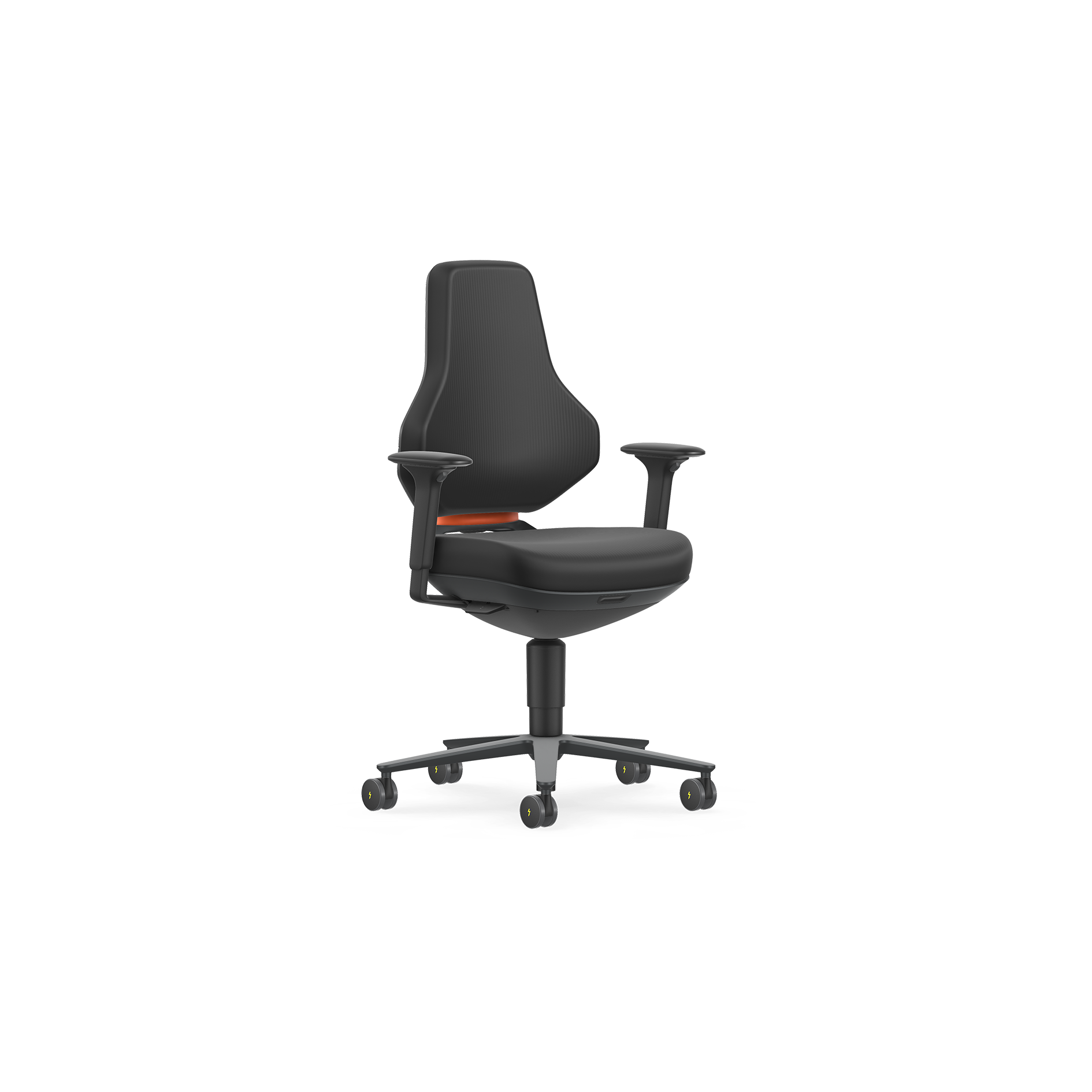 Bimos texon ergonomische ESD‑stoel met zwarte kunstlederen bekleding, een verstelbare zitpositie en een zwart vijfpotig onderstel, ontworpen voor veilig gebruik in elektrostatisch gevoelige werkruimtes. Chaise ergonomique ESD Bimos texon avec revêtement en similicuir noir, position assise réglable et piètement noir à cinq pieds, conçue pour une utilisation en toute sécurité dans les espaces de travail sensibles à l'électricité statique