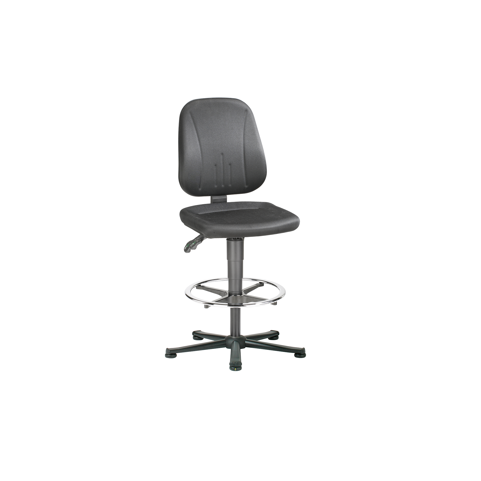 bimos ESD Unitec ergonomische werkstoel met zwarte kunstleren bekleding, verstelbare zitting, voetenring en zwart onderstel met glijders, ontworpen als betaalbaar instapmodel voor elektrostatisch beveiligde werkplekken. bimos ESD Chaise de travail ergonomique Unitec avec revêtement en cuir artificiel noir, assise réglable, repose-pied circulaire et base noire avec coulisses, conçue comme un modèle d’entrée de gamme abordable pour les postes de travail protégés contre l’électricité statique.