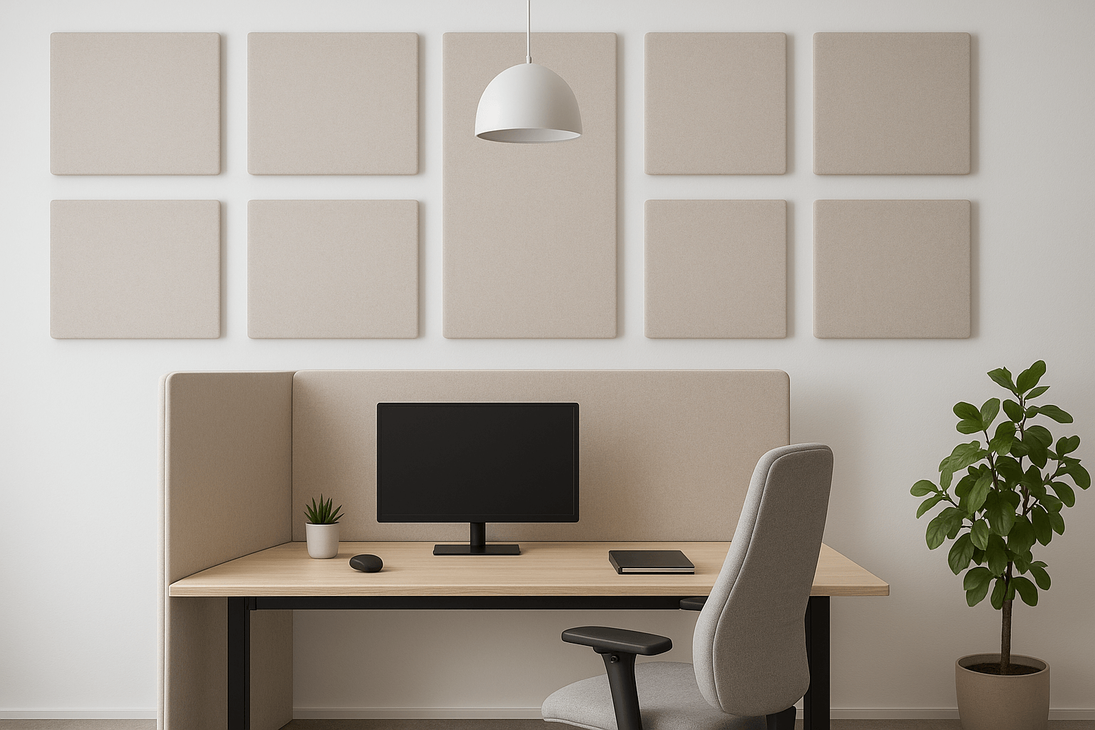 Beige akoestische wandpanelen aangebracht op de muur boven een bureau met monitor en ergonomische stoel