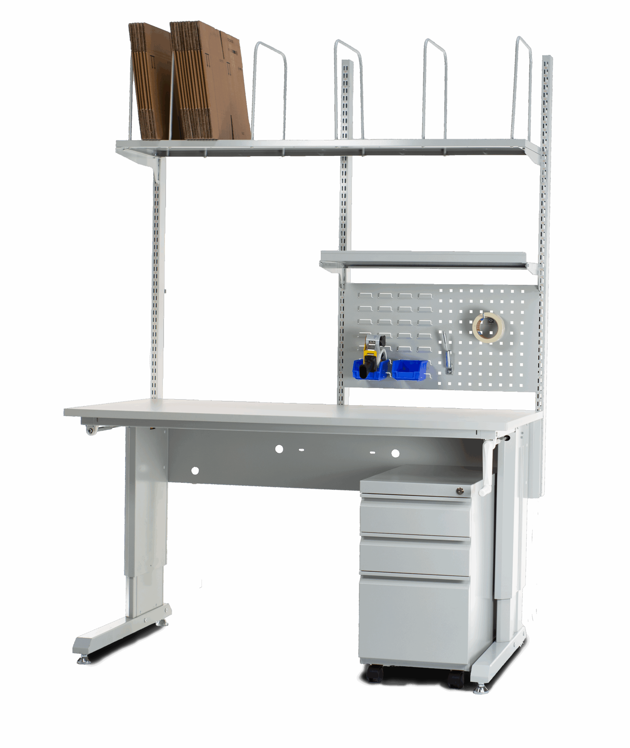 Grijze CA werktafel met bovenplank voor documenthouders, geperforeerd achterpaneel met accessoires, verstelbare plank en ladeblok op wielen, handzwengel