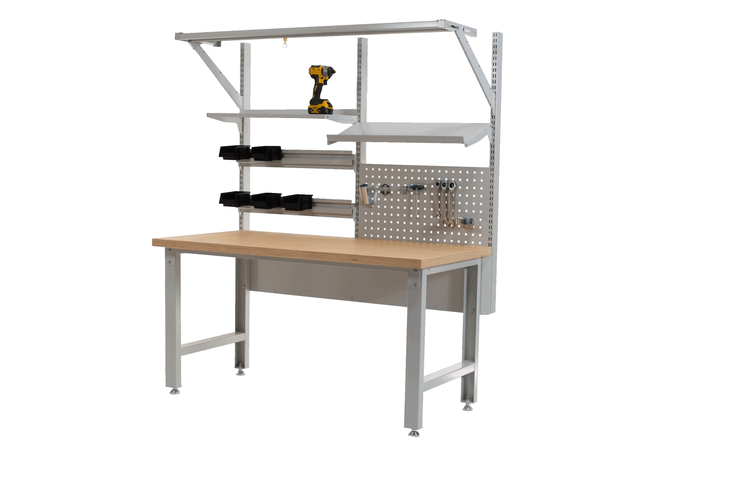 Grijze IBF werktafel met naturel houten werkblad, bovenplank met gereedschap, geperforeerd achterpaneel en verstelbare poten op zwarte achtergrond