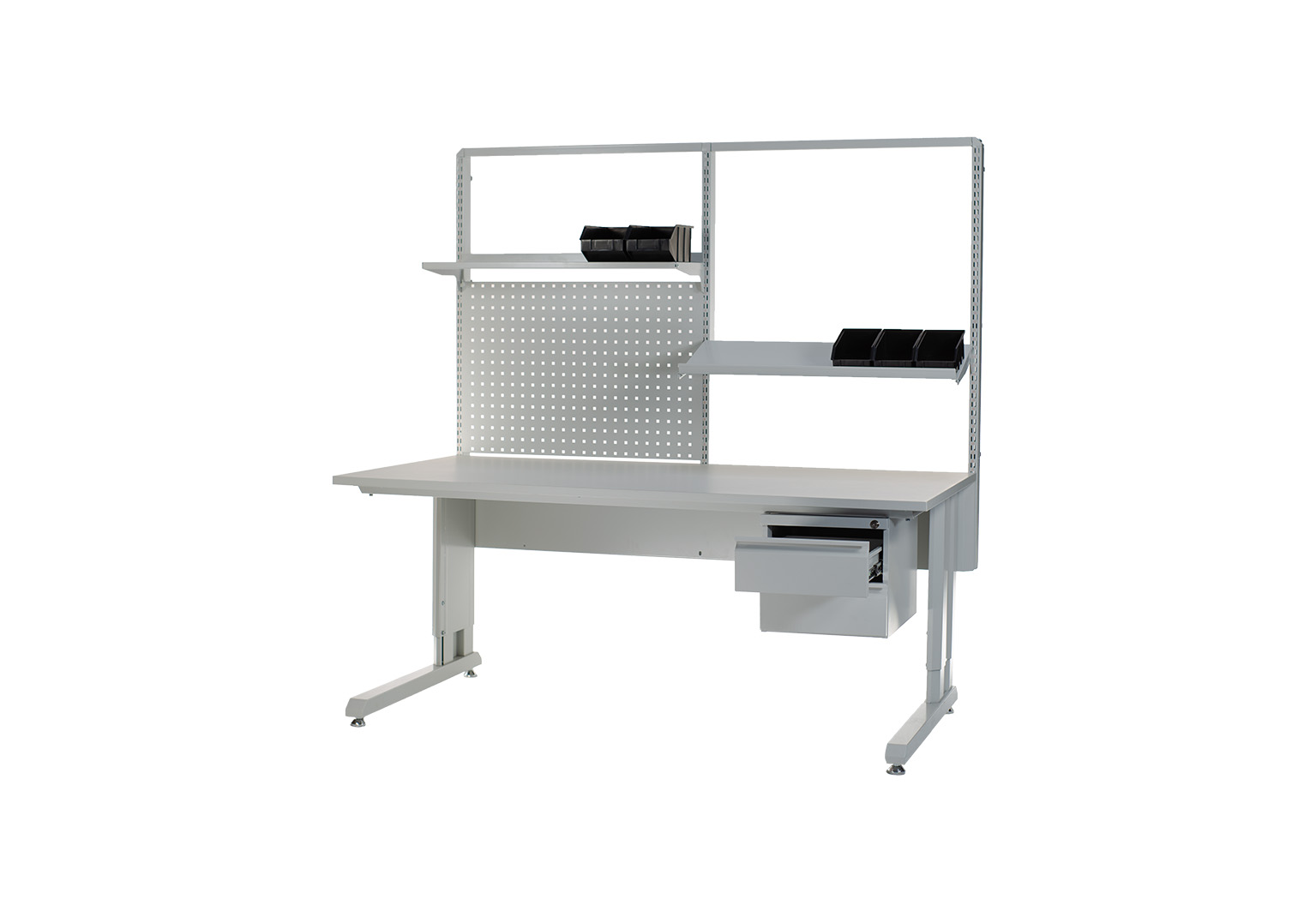 Modulaire ergonomische werktafel met bovenrek, ladenblok op wielen en geperforeerd gereedschapsbord, industriële werkplaatsinrichting door AWP