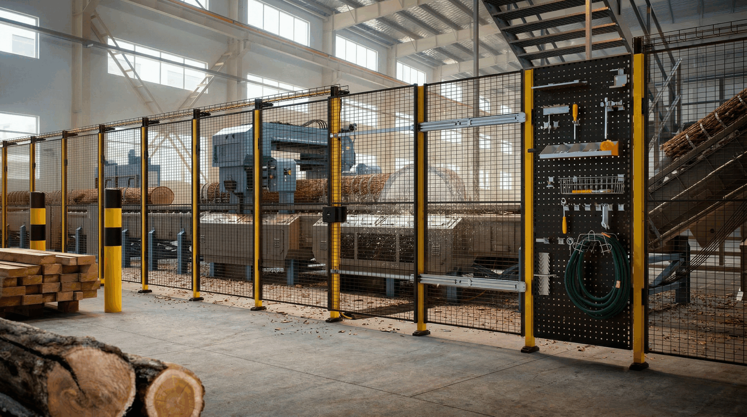 Lange rij zwarte gaaswanden op gele stalen palen die houtbewerkingsmachines afschermen in een ruime industriële hal, met boomstammen en gezaagd hout op de voorgrond.