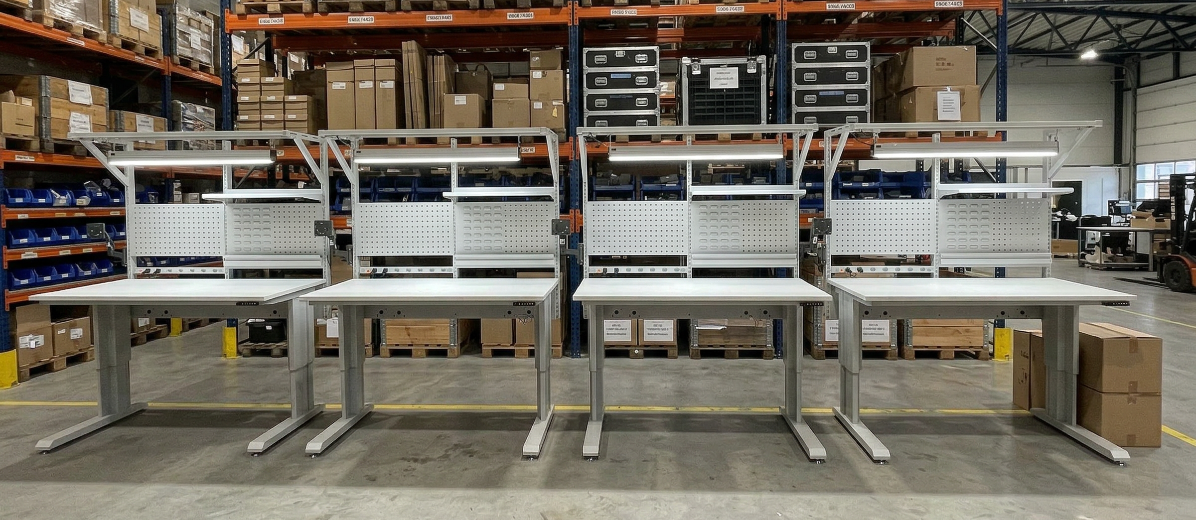 Drie in hoogte verstelbare werktafels met geperforeerde panelen voor een werkplaatsinrichting op maat - Trois tables de travail réglables en hauteur identiques avec panneaux perforés et étagère supérieure, disposées dans un entrepôt, prêtes à être livrées