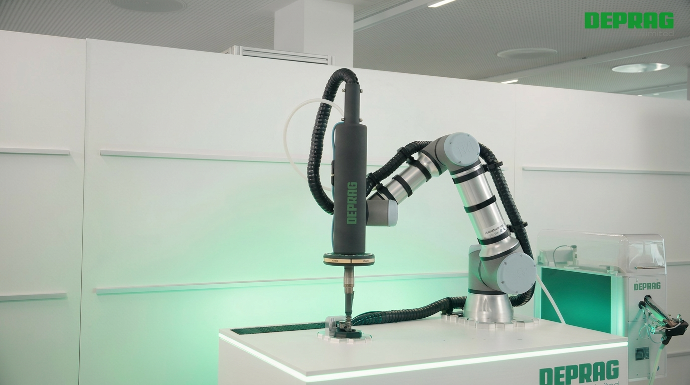 Witte Deprag cobot met gemonteerd schroefsysteem in een lichte moderne ruimte met groen ambiance licht en Deprag branding op de achtergrond.
