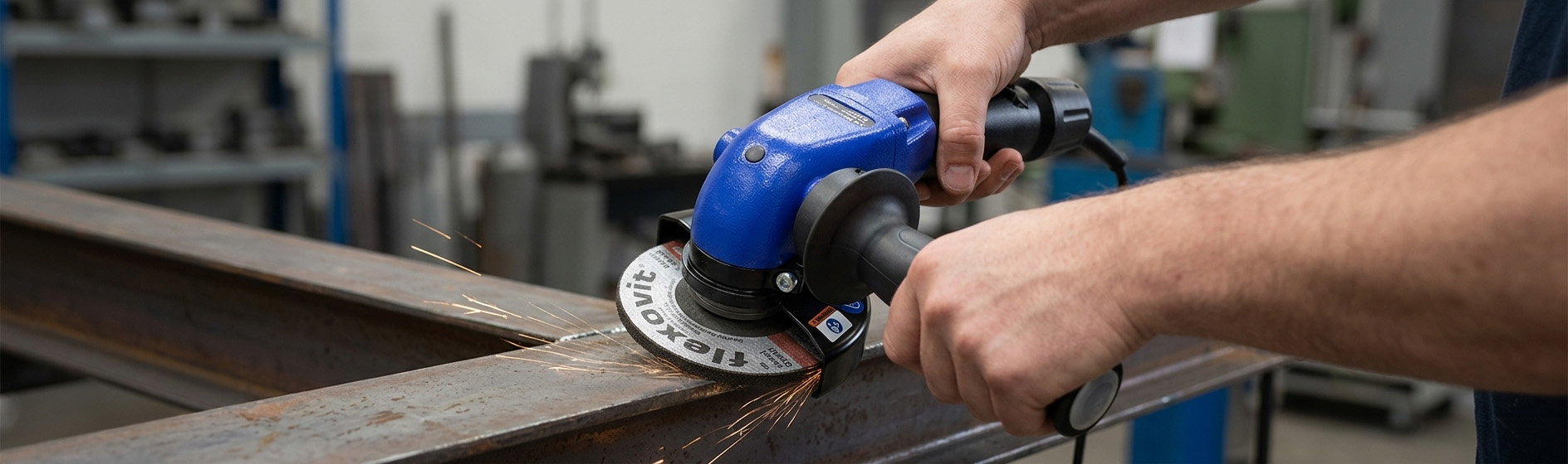 Twee handen houden een blauwe Deprag pneumatische haakse slijpmachine vast waarmee een metalen profiel wordt geslepen in een industriële werkplaats, met vonken zichtbaar, voor slijpen en polijsten in industriële omgevingen — AWP Deprag