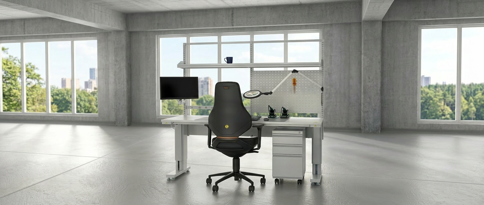 werkruimte met een witte verstelbare ESD-werktafel uitgerust met een computerscherm, gecombineerd met een ESD-stoel. De opstelling is ideaal voor elektrostatisch gevoelige werkomgevingen.