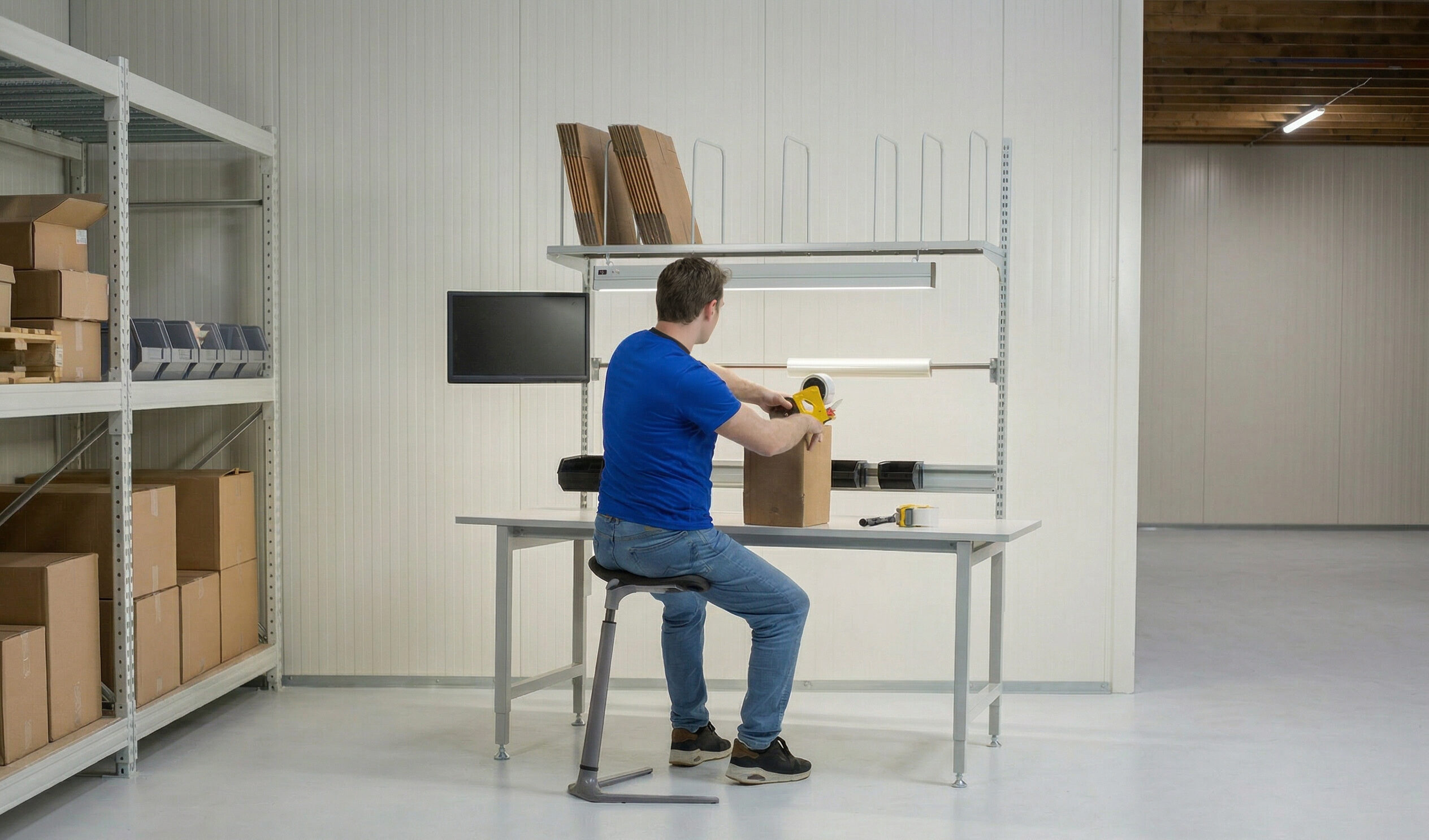 Medewerker zit op een ergonomische kruk aan een inpaktafel en tapet een doos, in een magazijn met stellingkasten en een monitor op het werkstation.