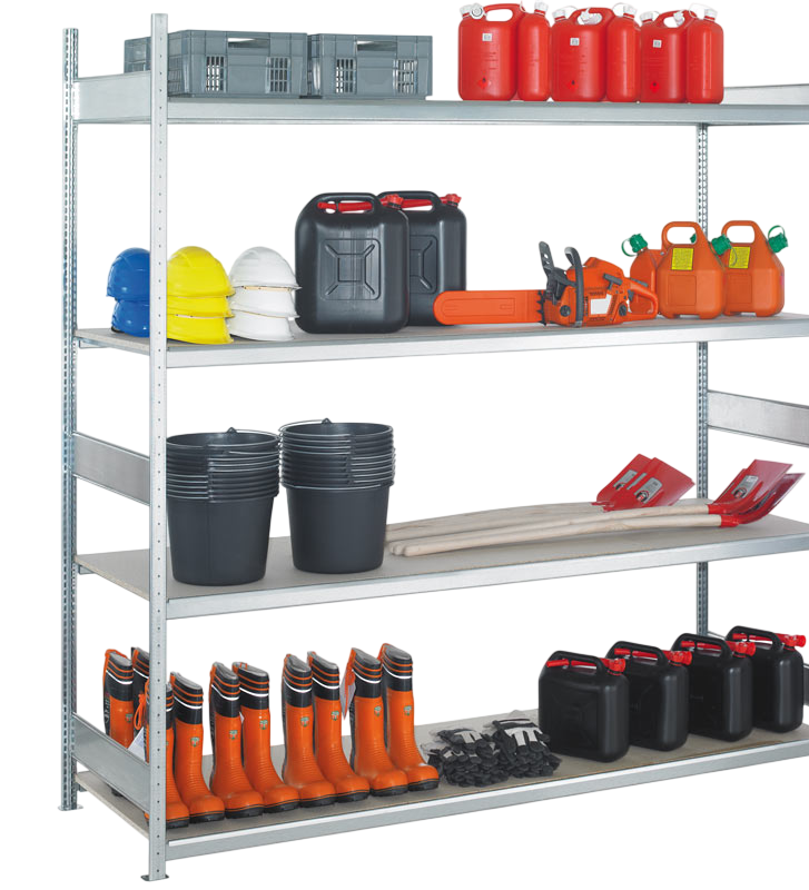 Metalen legbordstelling met helmen, laarzen, emmers en gereedschap - modulaire rekstelling AWP