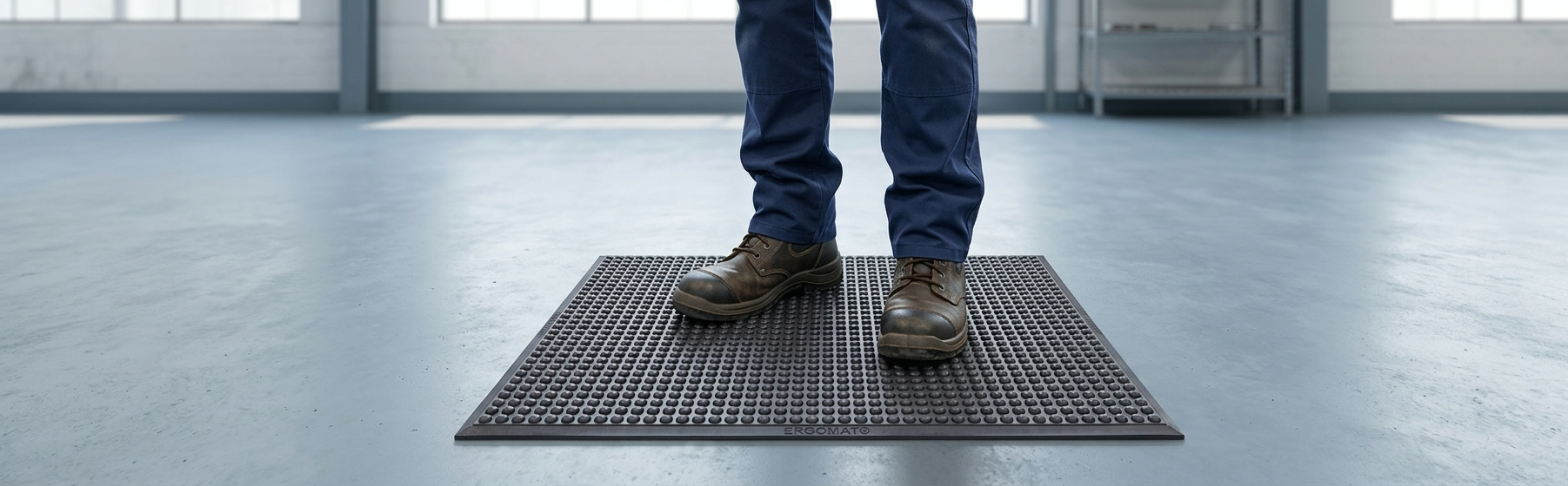 Persoon staat op zwarte antivermoeidheidsmat voor ergonomisch staand werken op de werkvloer