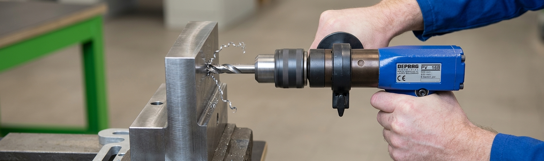 Operator die met een Deprag pneumatische boormachine een metalen werkstuk boort — AWP