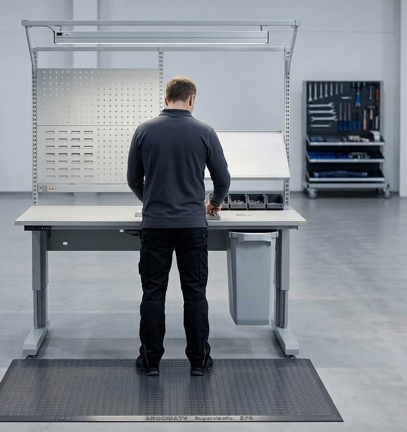 Man staand op een ergonomische stamat voor een in hoogte verstelbare werktafel met gereedschapspaneel en verlichting in een industriële omgeving / Homme debout sur un tapis anti-fatigue devant un établi réglable en hauteur avec panneau porte-outils et éclairage dans un environnement industriel