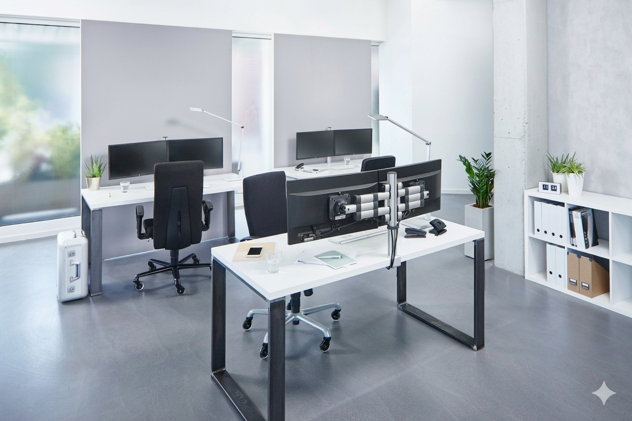 Kantooromgeving met meerdere bureaus uitgerust met dubbele ergonomische schermhouders en monitorarmen