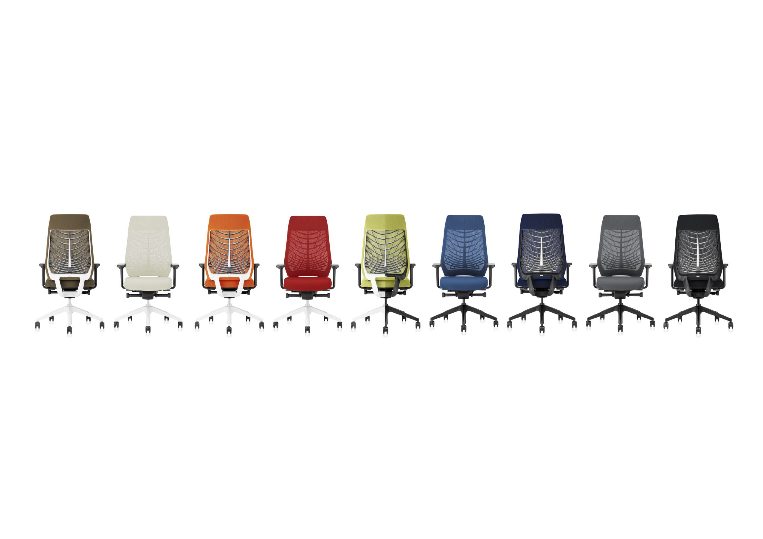 Interstuhl bureaustoelen met mesh rug in acht kleuren op rij, model: joyce