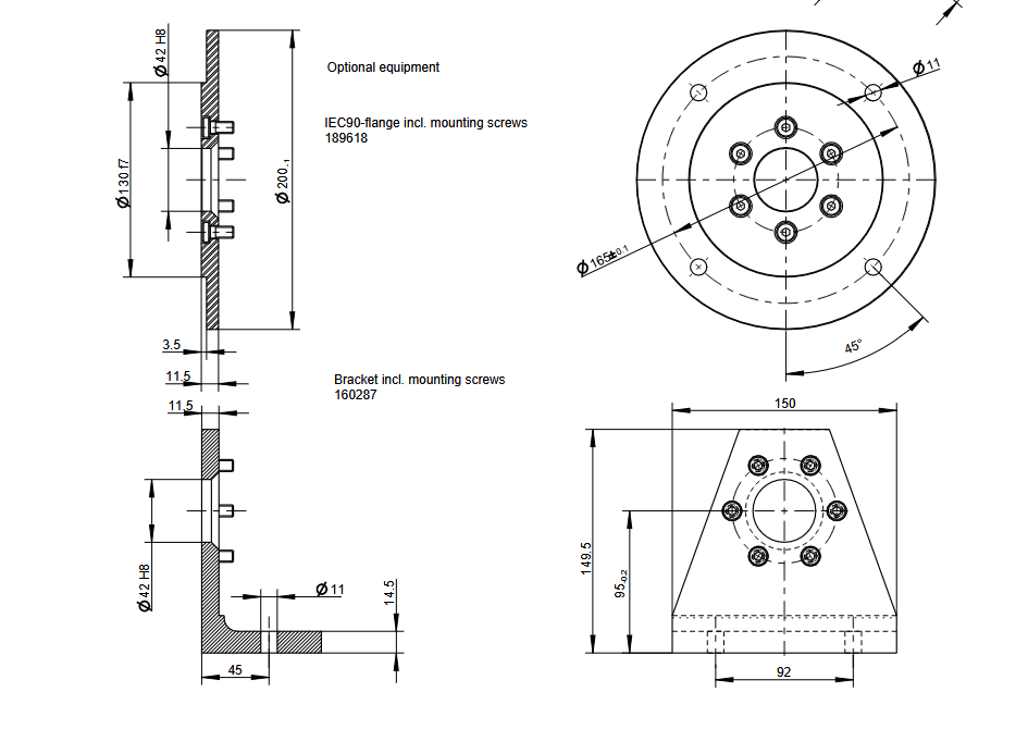 Technische maattekening van een Deprag turbinemotor met zijaanzicht, vooraanzicht en onderaanzicht, inclusief afmetingen voor IEC90-flens en montagebracket.