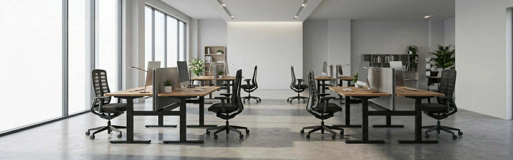 Ruim open kantoor met rijen elektrisch verstelbare bureaus met houten blad en zwart frame, ergonomische bureaustoelen met netstof rugleuning, blauwe bureauscheidingswanden en decoratieve planten