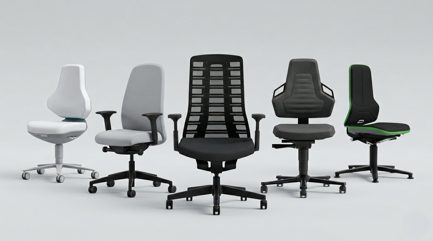 Vijf ergonomische werk- en bureaustoelen van Bimos en Interstuhl naast elkaar op een lichtgrijze achtergrond, in uitvoeringen van wit, lichtgrijs, zwart en zwart-groen