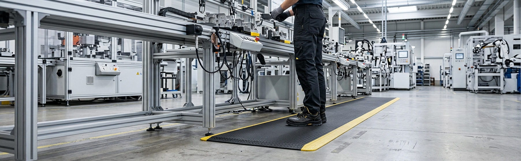 Medewerker in werkkleding staand op een donkergrijze Ergomat antivermoeidheidsmat met gele rand langs een geautomatiseerde productielijn in een moderne fabriek