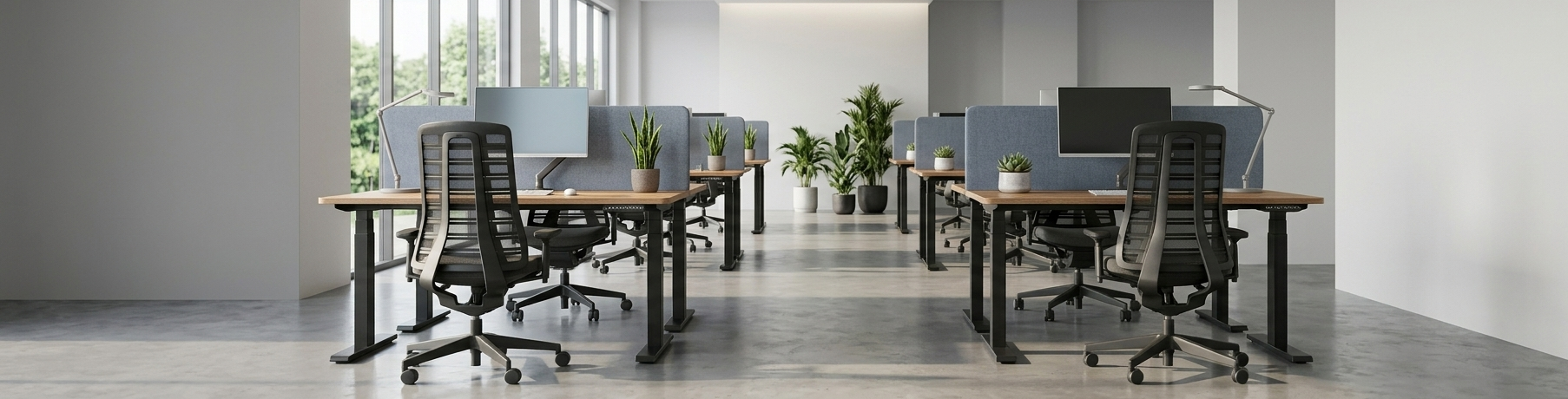 Ergonomische werkplek met verstelbare bureaus, stoelen en schermen in een moderne kantooromgeving