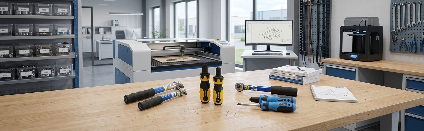 Verschillende ESD-veilig gereedschappen op een houten werktafel: twee blauwe momentschroevendraaiers, twee geel-zwarte schroevendraaiers met wisselbare bits, een ratelsleutel en twee blauw-zwarte precisieschroevendraaiers van het merk Gedore. Al het gereedschap is antistatisch uitgevoerd voor gebruik in ESD-gevoelige omgevingen.
