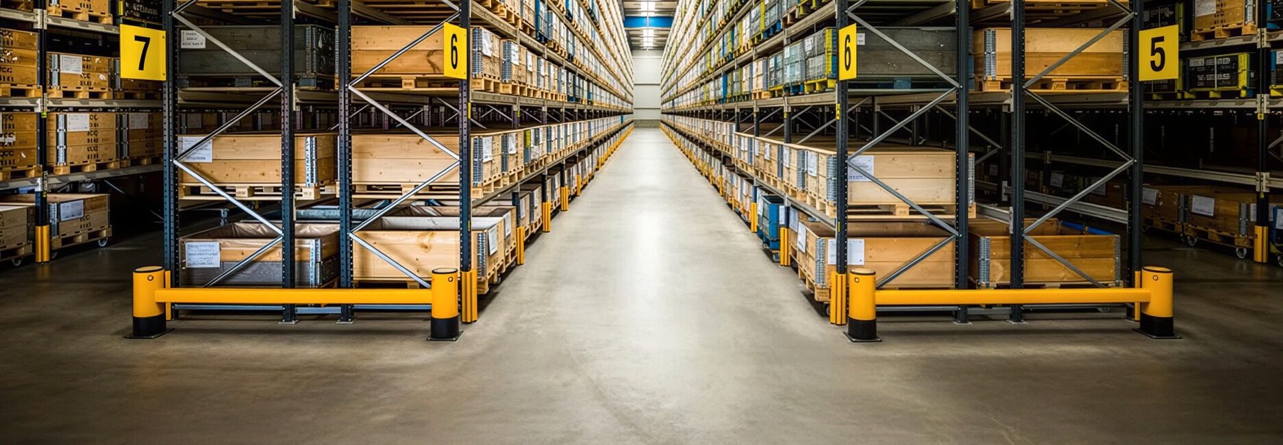 brede magazijngang met hoge palletrekken vol houten kisten, afgebakend door gele stalen veiligheidsbarrières op een betonnen vloer / Large allée d'entrepôt avec des rayonnages à palettes élevés chargés de caisses en bois, délimitée par des barrières de sécurité en acier jaune sur un sol en béton